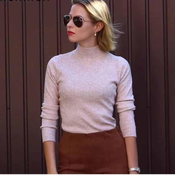 Peach Nude Mock Neck Soft Rib Turtleneck Sweater - Picture 2 of 9